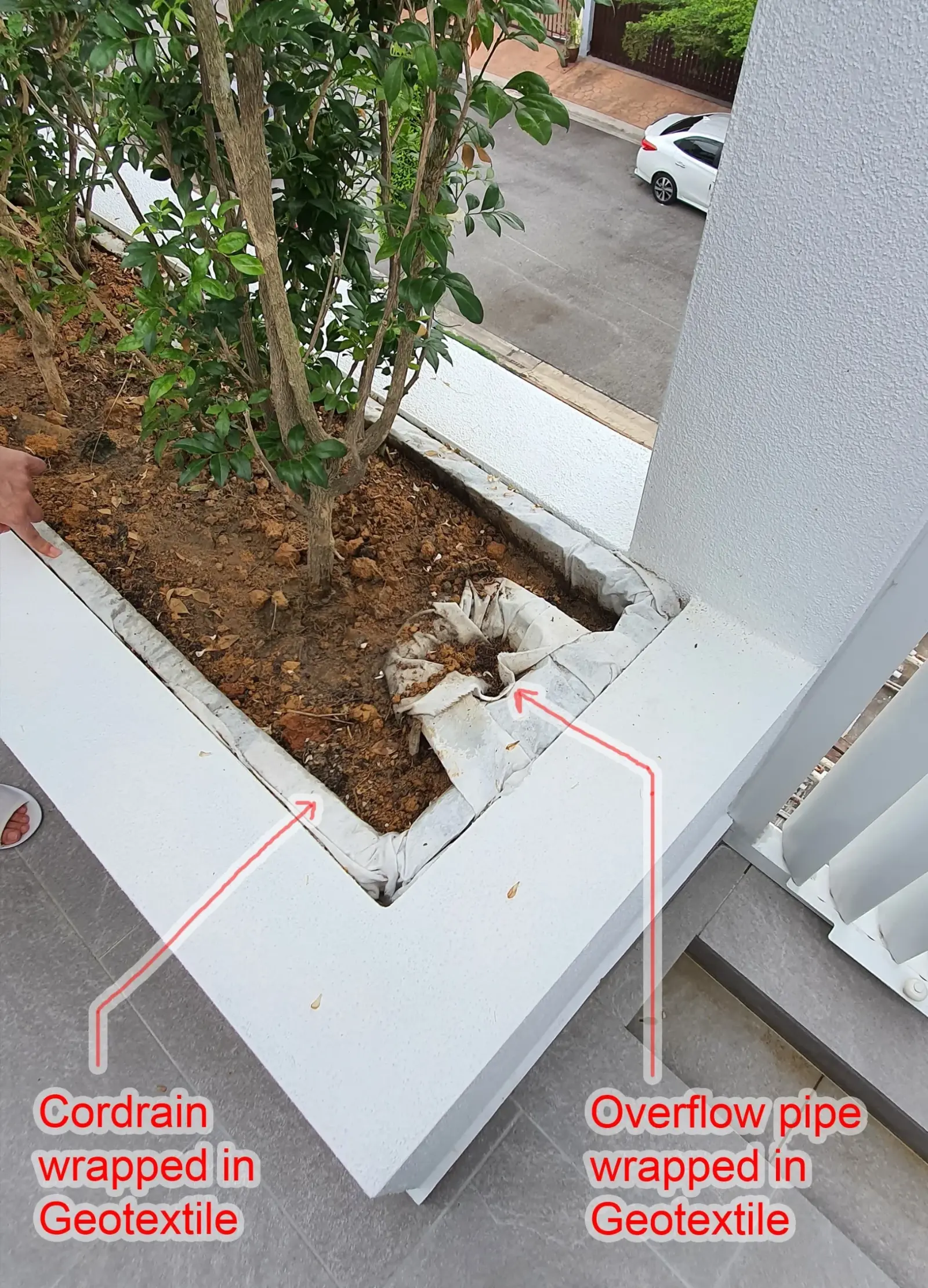 Overflow pipe and perimeter Cordrain wrapped in Geotextile