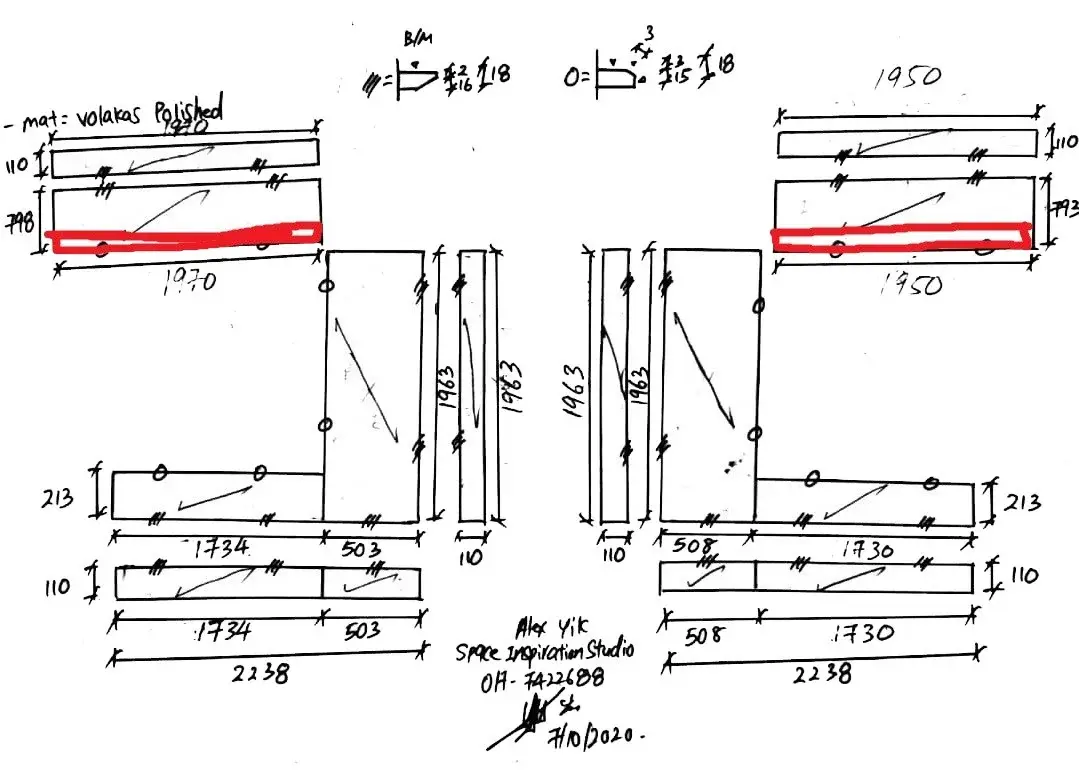 setting out sketch of the marble tiles over the RC ledge