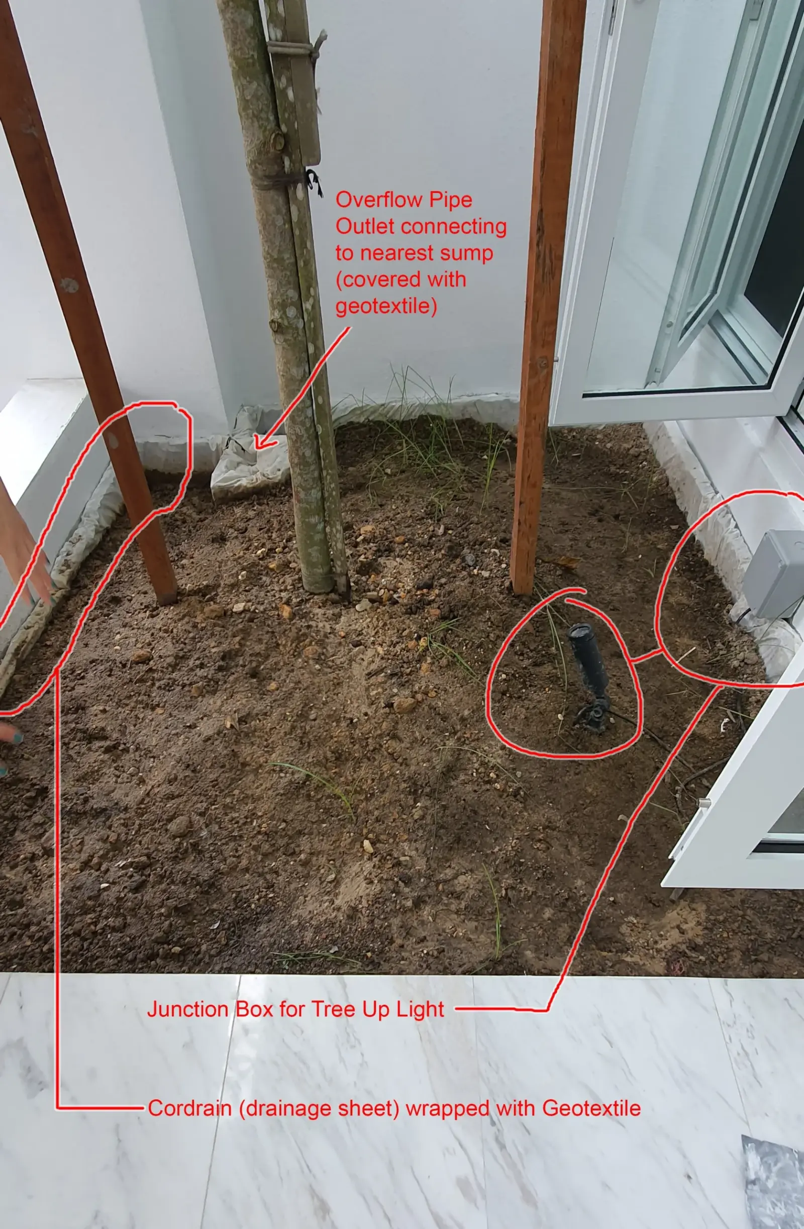  Overflow Pipe –  an additional pipe above the soil surface level wrapped in Geotextile to discharge the soil surface water. It functions in the event when the rainwater is too heavy and the perimeter cordrain plus the soil itself is unable to disch